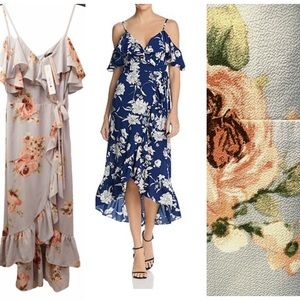 ⬇️AQUA Misty Blue Grey Floral Ruffle Off Shoulder Tie Front Hi Low Wrap Dress